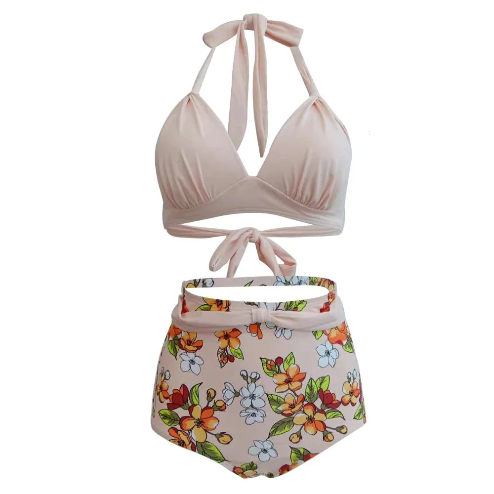 Maillot De Bain Vintage <br> Taille Haute Beige Fleuri