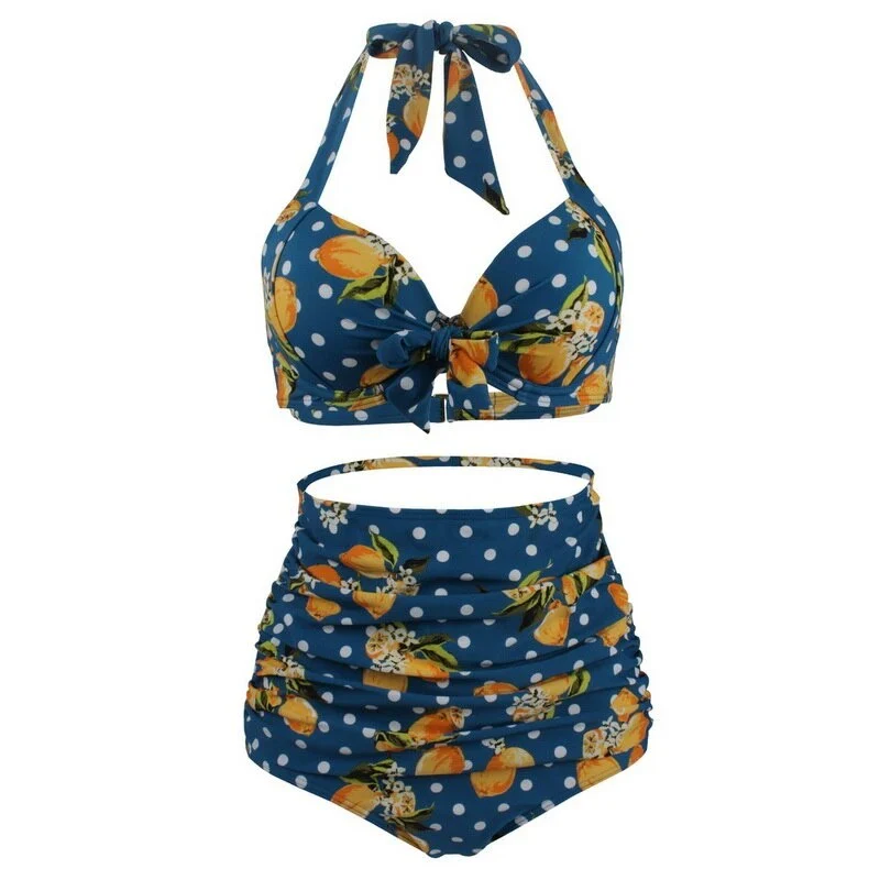 Maillot De Bain Vintage <br> Taille Haute Bleu Citron
