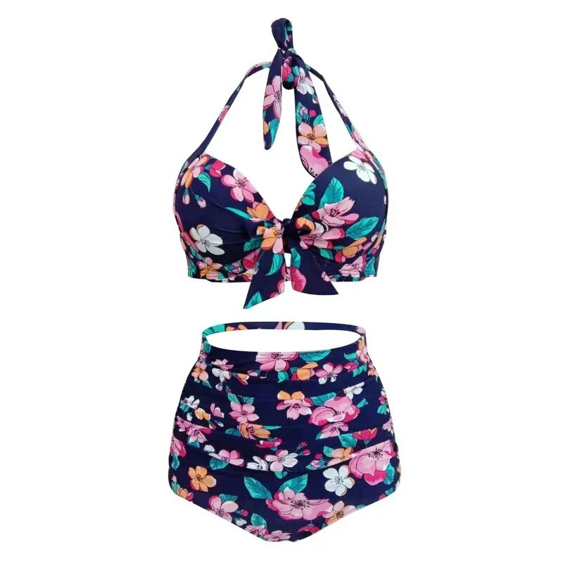 Maillot De Bain Vintage <br> Taille Haute Bleu Fleurs
