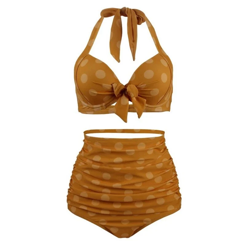 Maillot De Bain Vintage <br> Taille Haute Jaune Pois
