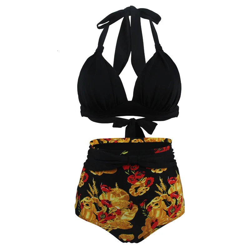 Maillot De Bain Vintage <br> Taille Haute Noir Fleurs