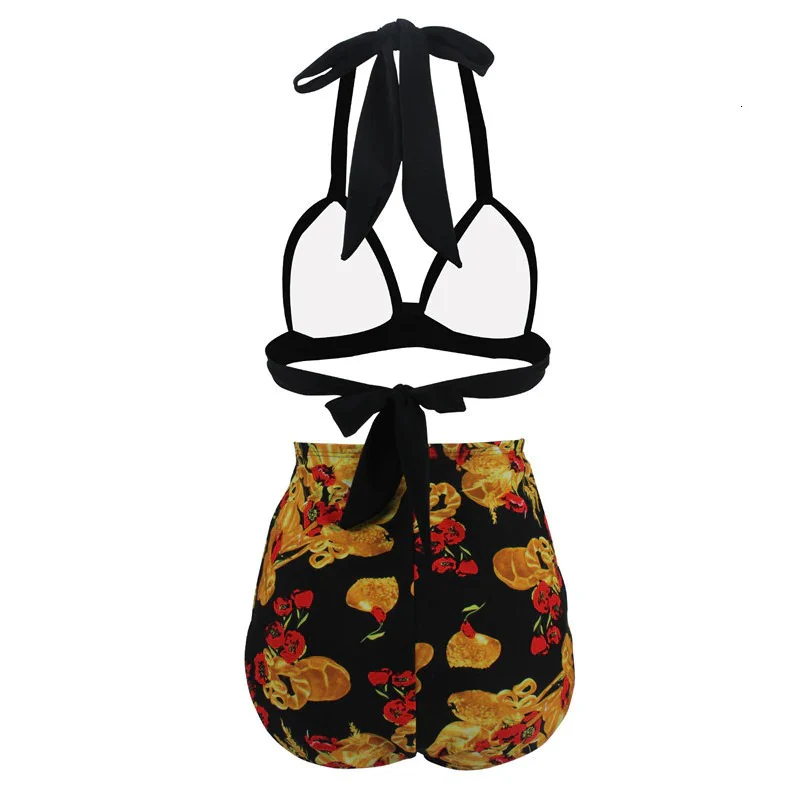 Maillot De Bain Vintage <br> Taille Haute Noir Fleurs - Image 2