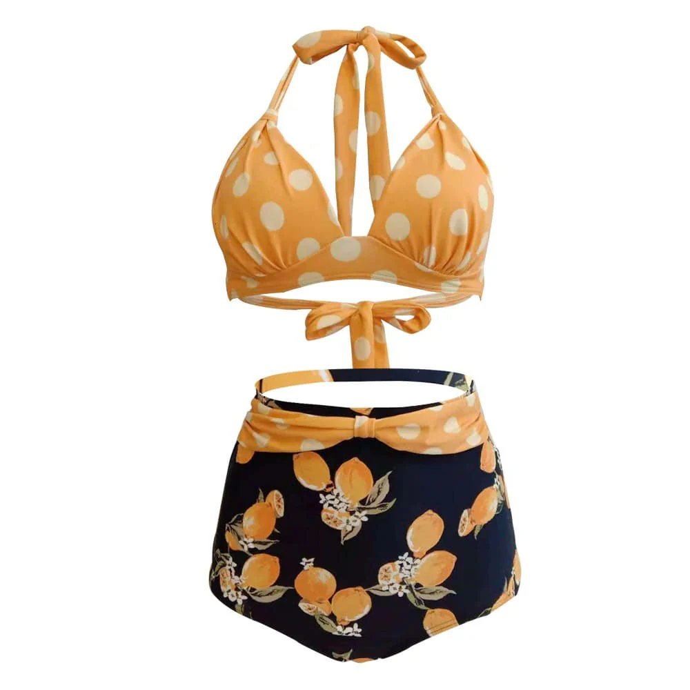 Maillot De Bain Vintage <br> Taille Haute Pois Citron