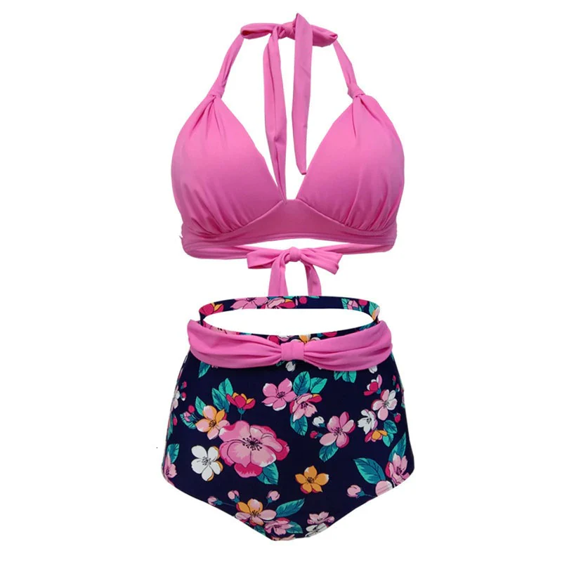 Maillot De Bain Vintage <br> Taille Haute Rose Fleurs