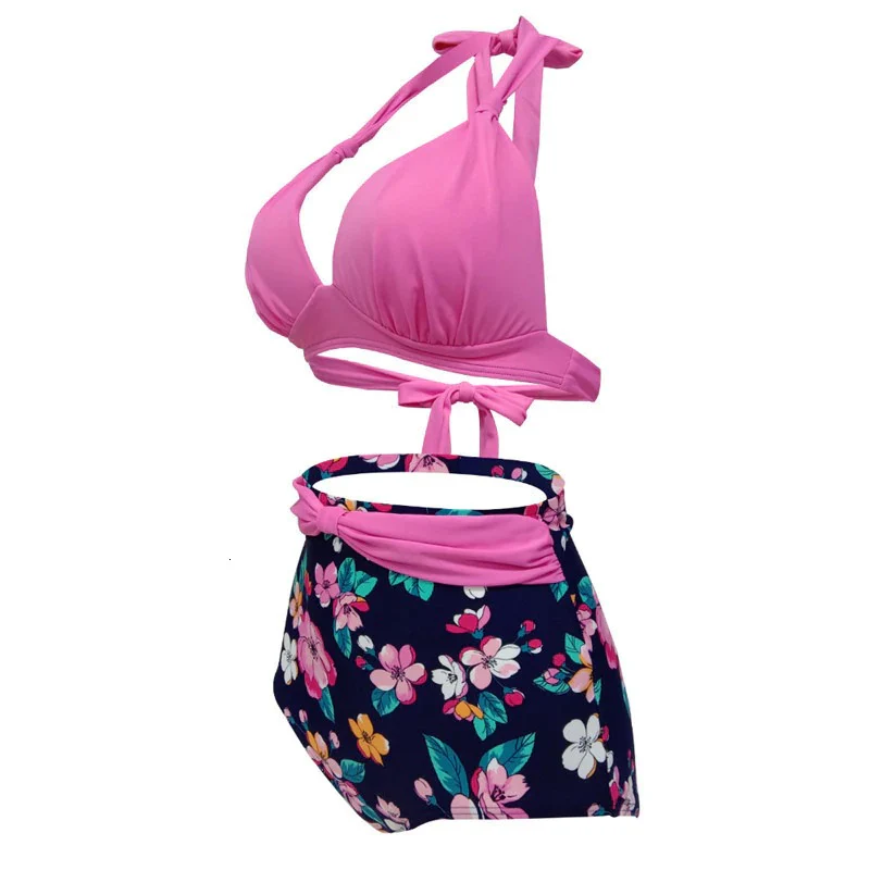 Maillot De Bain Vintage <br> Taille Haute Rose Fleurs - Image 2