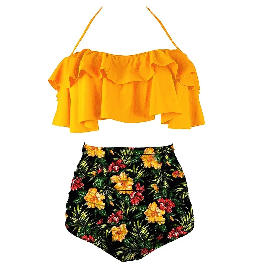 Maillot De Bain Vintage <br> Volant Orange Fleurs